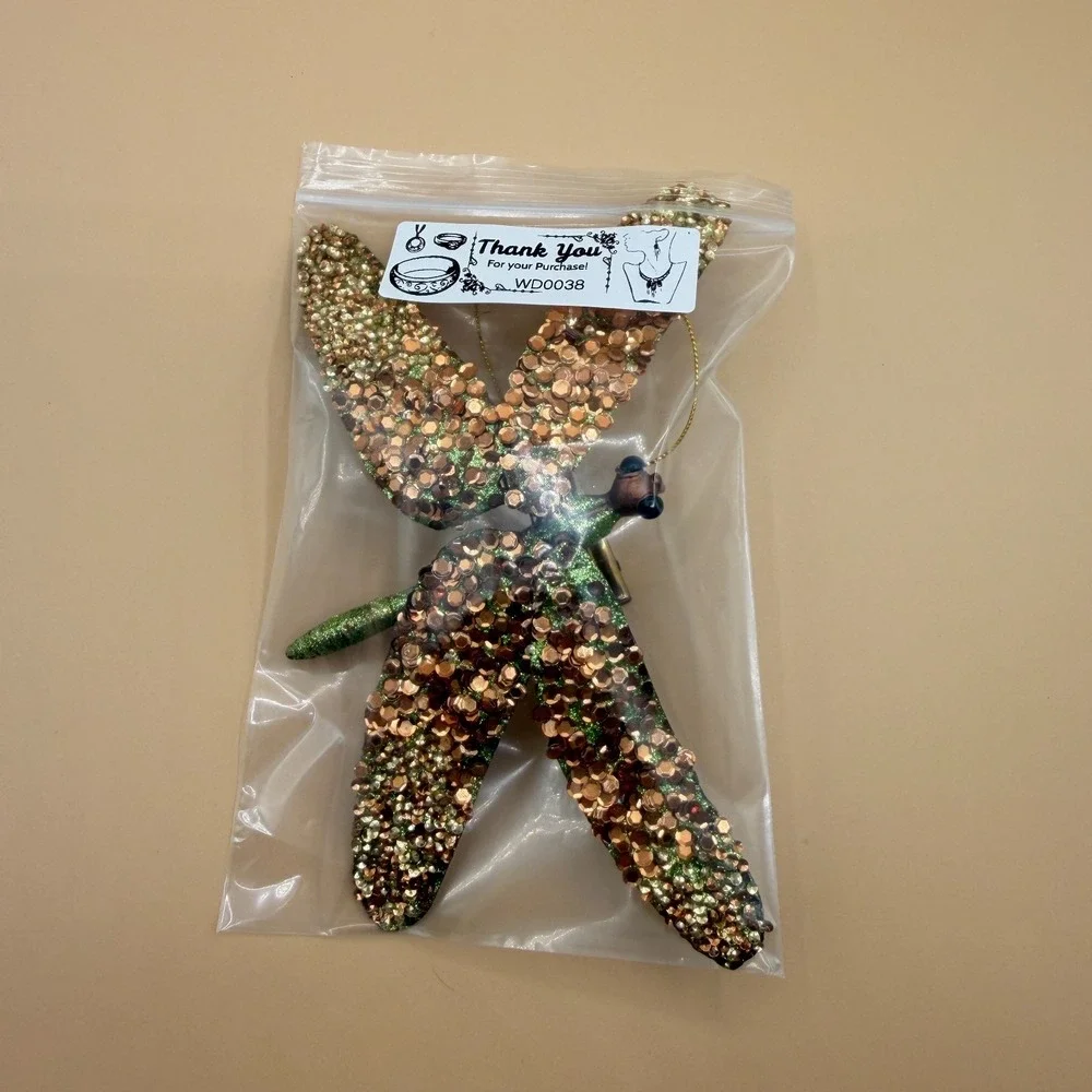 Large Glitter Dragonfly Clip Ornament Gold Sequin Green Sparkle Hanging Decor